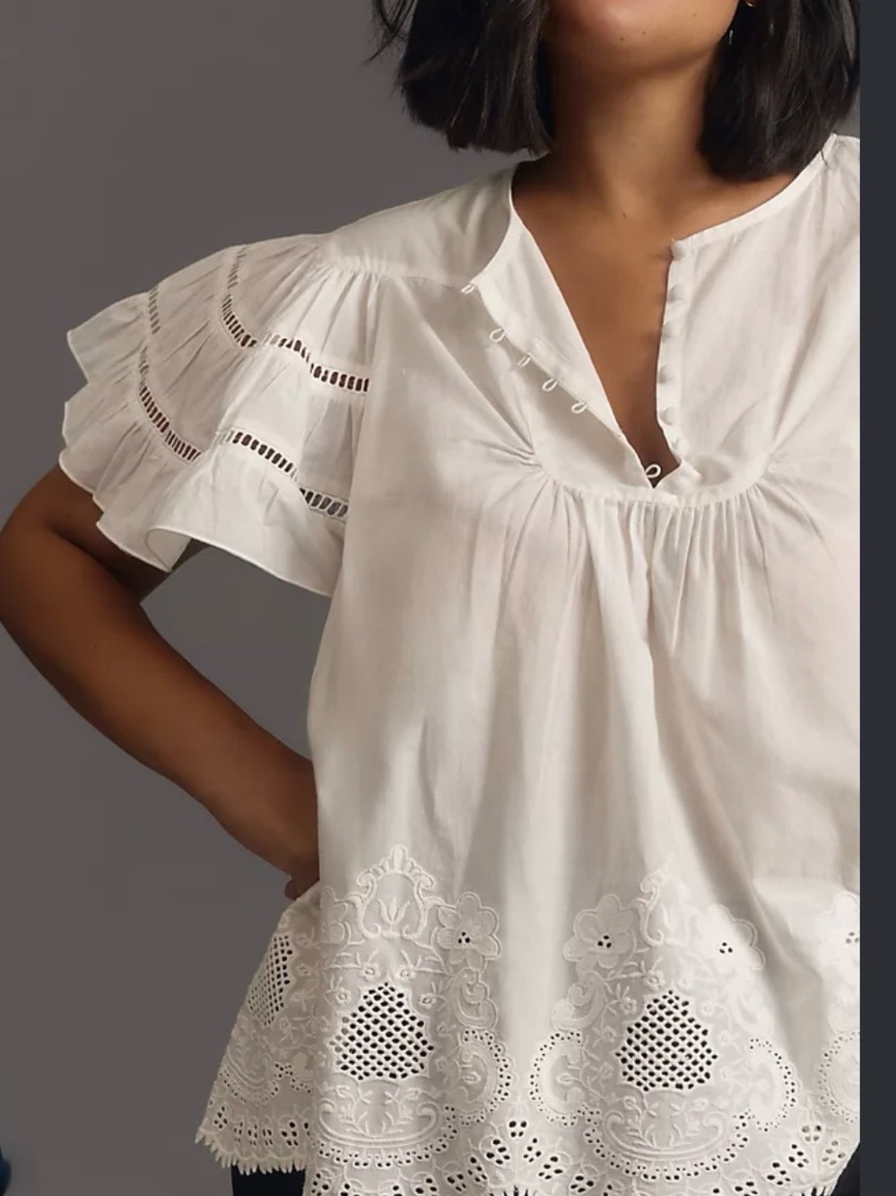Love The Label Anthropologie Flutter Sleeve White Embroidered Eyelet Peasant Top